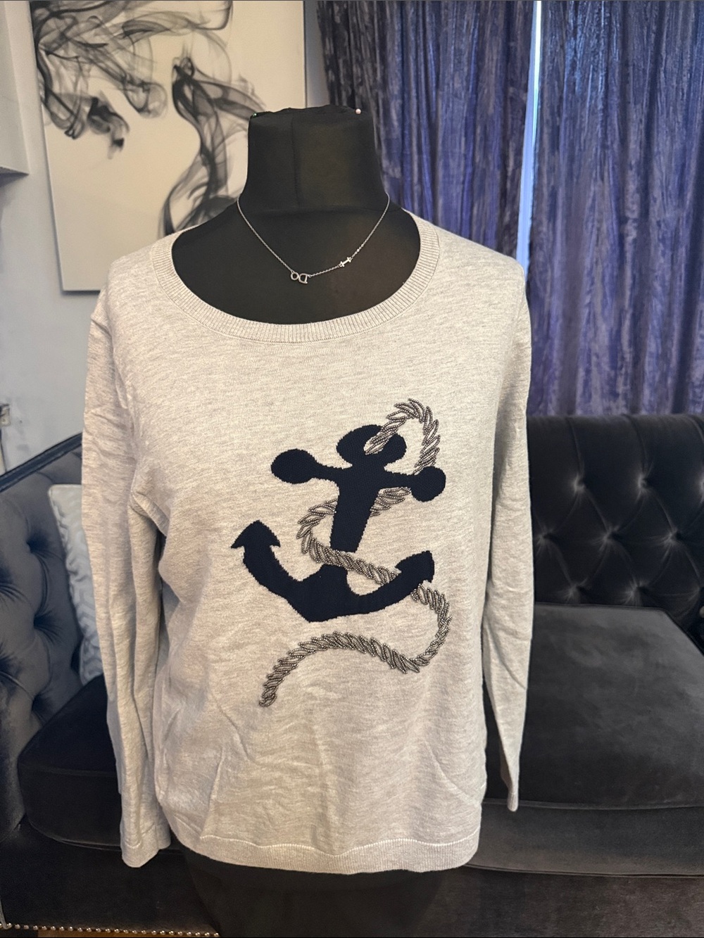 Talbots Light Gray Knit Sweater with Black Label